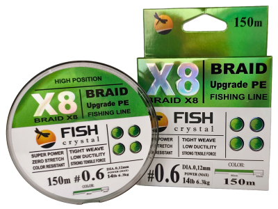 Плетёный шнур из 8-х нитей, FISH CRYSTAL NEON GREEN, # 0.6. Ø 0.12мм, 150м, 6,3кг