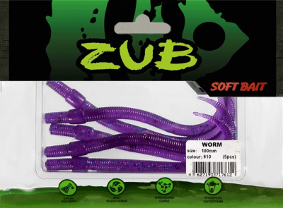 Приманка ZUB-WORM 100мм(4")-5шт, (цвет 610) фиолетовый с блестками