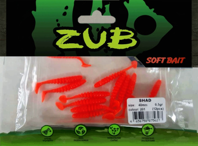 Приманка ZUB-SHAD  40мм(1,5")-12шт, (цвет 201) оранжевый