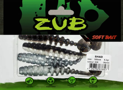 Приманка ZUB-SHAD 100мм(4")-4шт, (цвет 030) черный верх - натурал низ