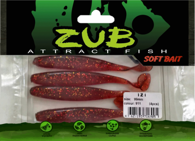 Приманка ZUB-IZI  99мм(4")-4шт, (цвет 911) машинное масло с блестками Приманка ZUB-IZI  99мм(4")-4шт, (цвет 911) машинное масло с блестками