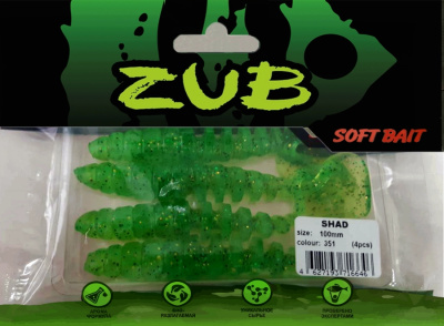 Приманка ZUB-SHAD 100мм(4")-4шт, (цвет 351) шартрез с блестками