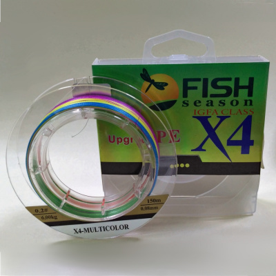 Плетёный шнур из 4-х нитей, 5-ти цветный, 0.08мм, 150м, 6кг