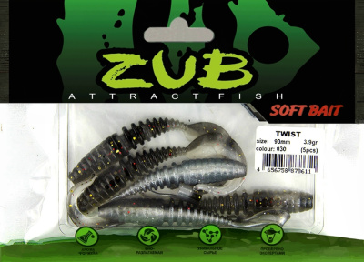Приманка ZUB-TWIST  90мм(3,5")-5шт, (цвет 030) черный верх-натурал низ Приманка ZUB-TWIST  90мм(3,5")-5шт, (цвет 030) черный верх-натурал низ