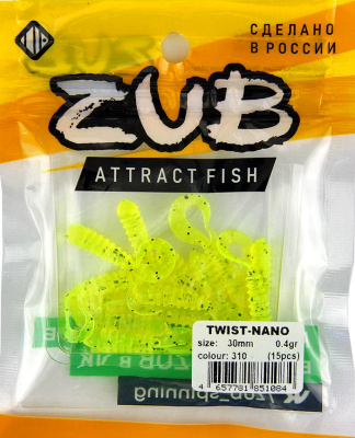 Приманка ZUB-TWIST-NANO  30мм(1,2")-15шт, (цвет 310) желтый с блестками