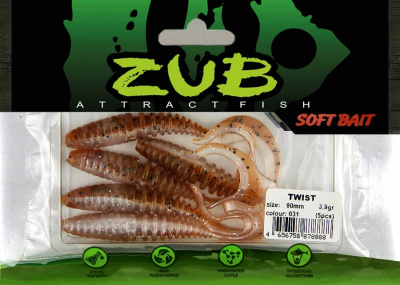 Приманка ZUB-TWIST  90мм(3,5")-5шт, (цвет 031) карамель верх-натурал низ Приманка ZUB-TWIST  90мм(3,5")-5шт, (цвет 031) карамель верх-натурал низ