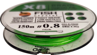 Плетёный шнур из 8-х нитей, FISH CRYSTAL NEON GREEN, # 0.8. Ø 0.14мм, 150м, 8.0кг