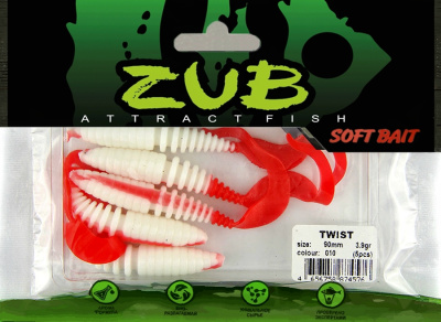 Приманка ZUB-TWIST  90мм(3,5")-5шт, (цвет 011) желтое тело-красный хвост