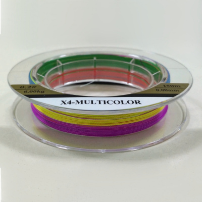 Плетёный шнур из 4-х нитей, 5-ти цветный, 0.08мм, 150м, 6кг