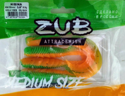 Приманка ZUB-HIBINA  95мм(3,8")-4шт, (цвет 022) зеленый верх-оранжевый низ
