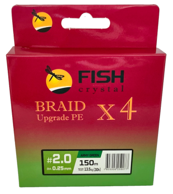 Плетёный шнур из 4-х нитей, FISH CRYSTAL зелёный, 0.25мм, 150м, 13,5кг Плетёный шнур из 4-х нитей, FISH CRYSTAL зелёный, 0.25мм, 150м, 13,5кг