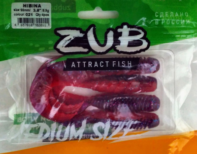 Приманка ZUB-HIBINA  95мм(3,8")-4шт, (цвет 021) фиолетовый верх-красный низ Приманка ZUB-HIBINA  95мм(3,8")-4шт, (цвет 021) фиолетовый верх-красный низ
